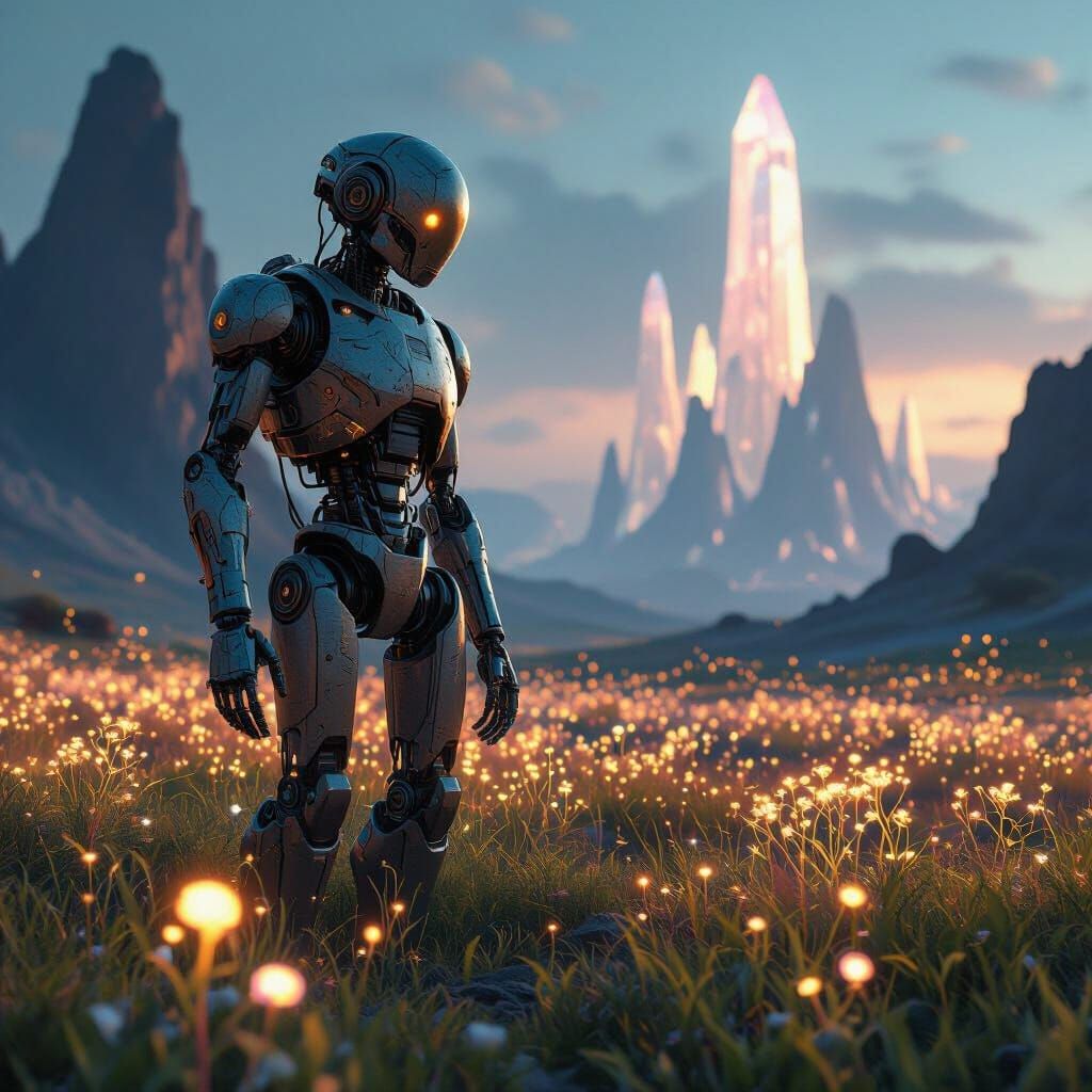 A solitary, ancient robot stands amidst a field of glowing, bioluminescent flora on an alien planet. The robot's metallic body is weathered ...