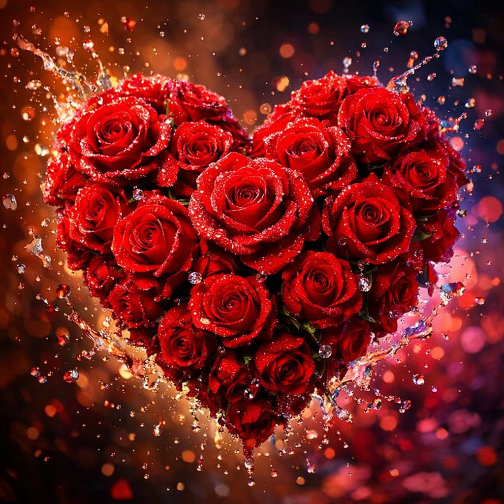 Hyperrealistic Heart of Red Roses with Dew Droplets
