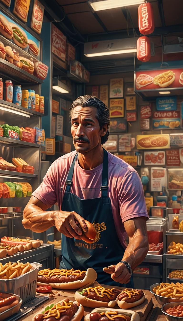 hot dog vendor at a store, muscular