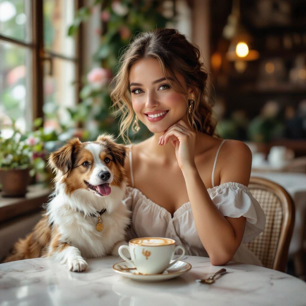Young Woman with Dog and Boy in Whimsical Style