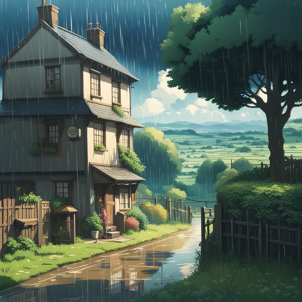 cozy english countryside scenery, heavy rainy day, papercraf...