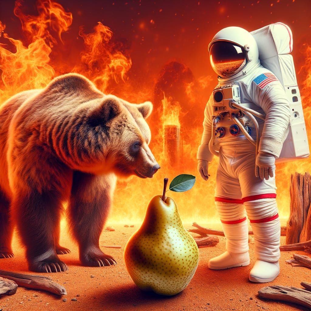 Astronaut and Bear with Pear in Fiery Scene