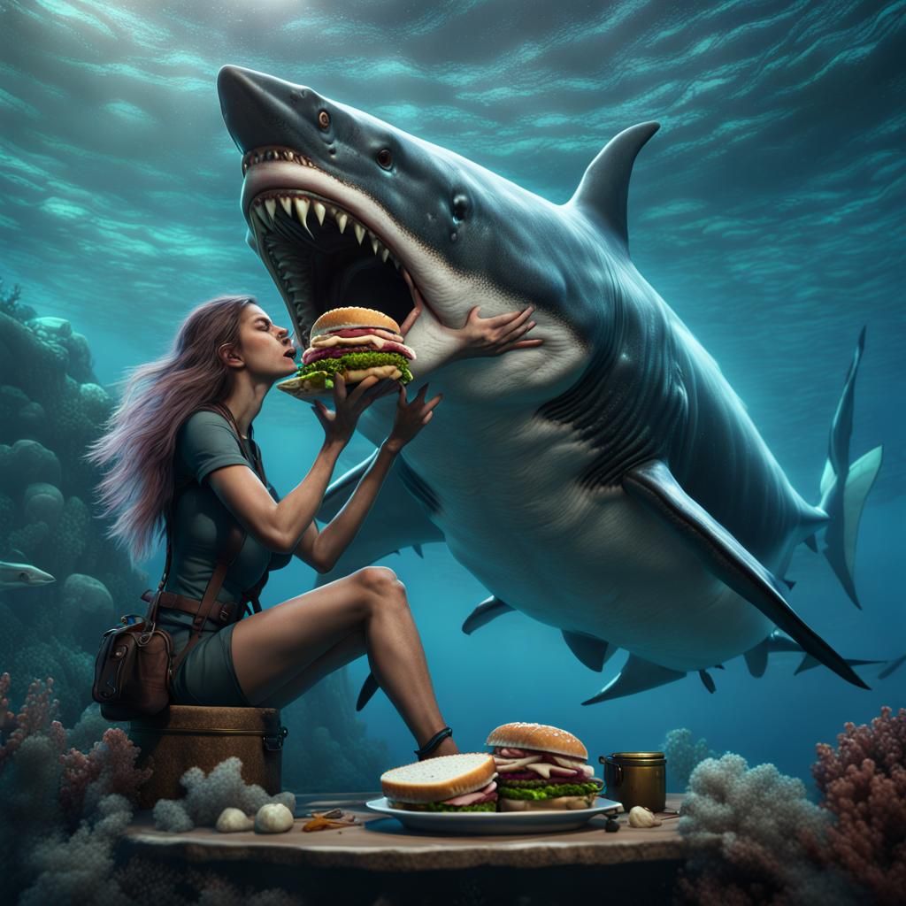 Weresharks eating  tuna sandwichs underwater