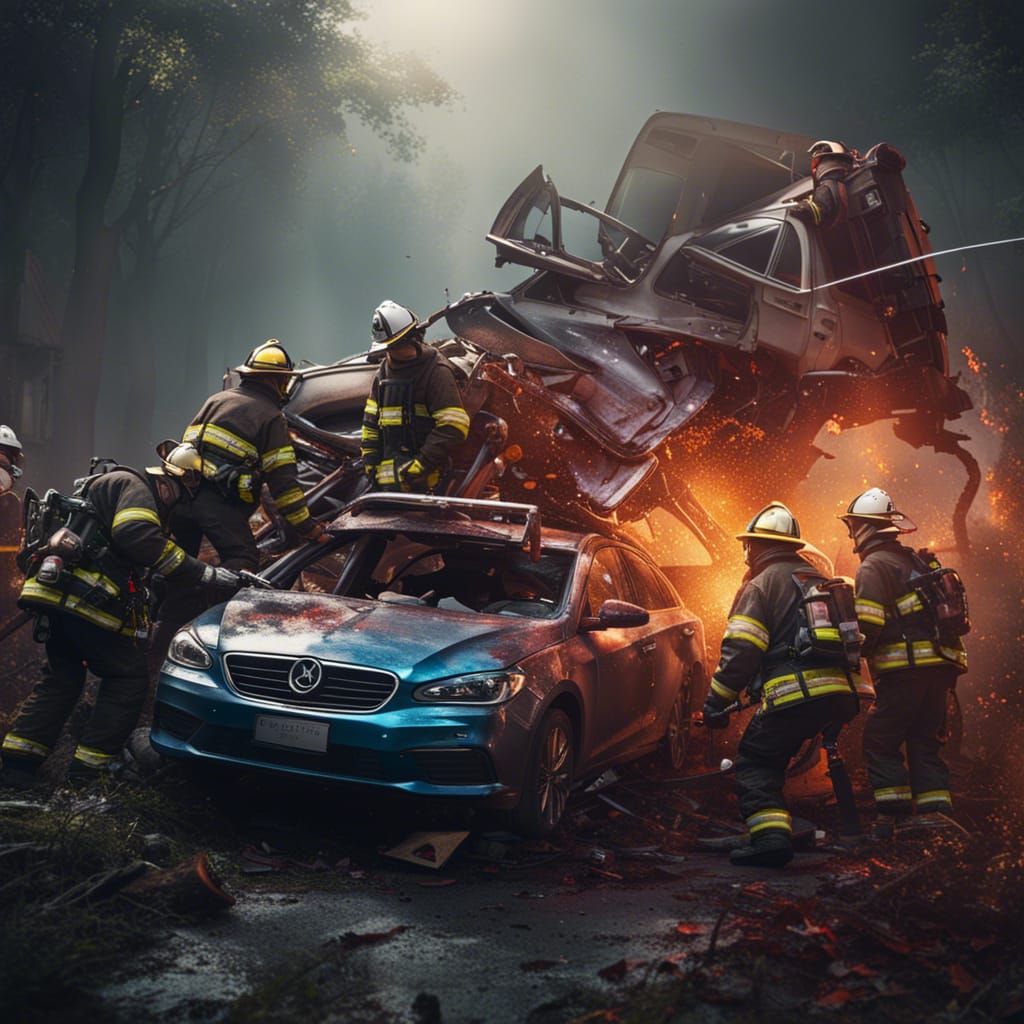 Firefighters using jaws of life to save family in car crash