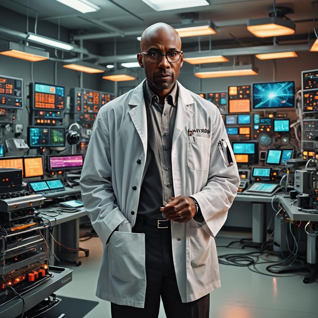 A 40 year old bald African American man with glasses dressed...