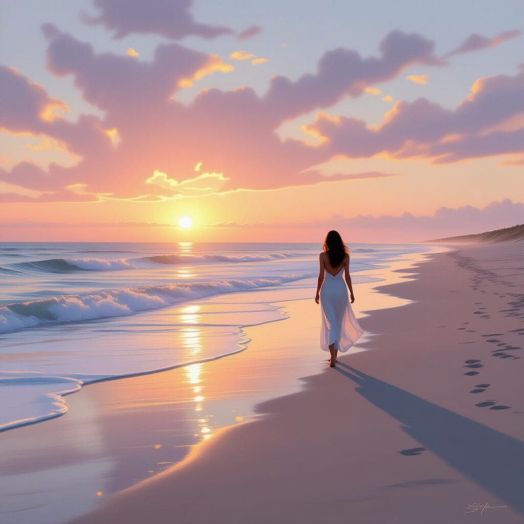 Photorealistic Serene Beach Dawn with Solitary Figure