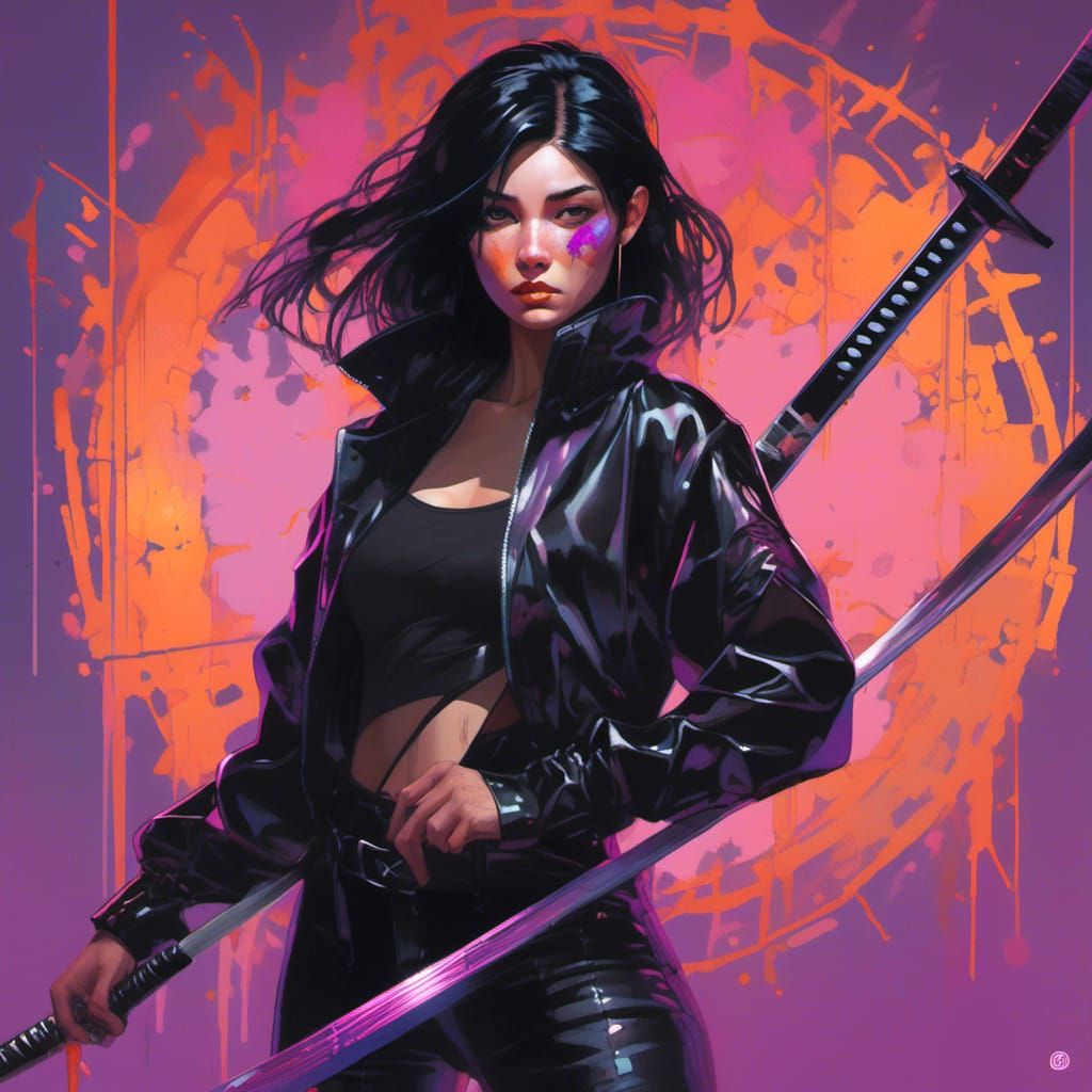 Black-Haired Woman with Katana in Graffiti Style