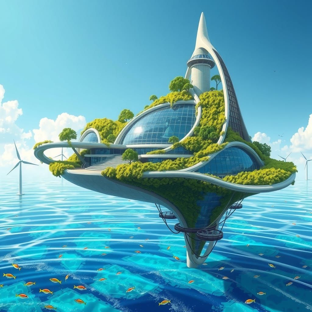 A floating eco-settlement using clean energy and surrounded by thriving nature.  by @IoanM