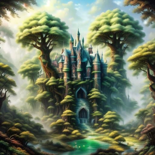 A fantasy theme park filled with fluffy mint trees <lora:Vibrant Landscapes:1.0>