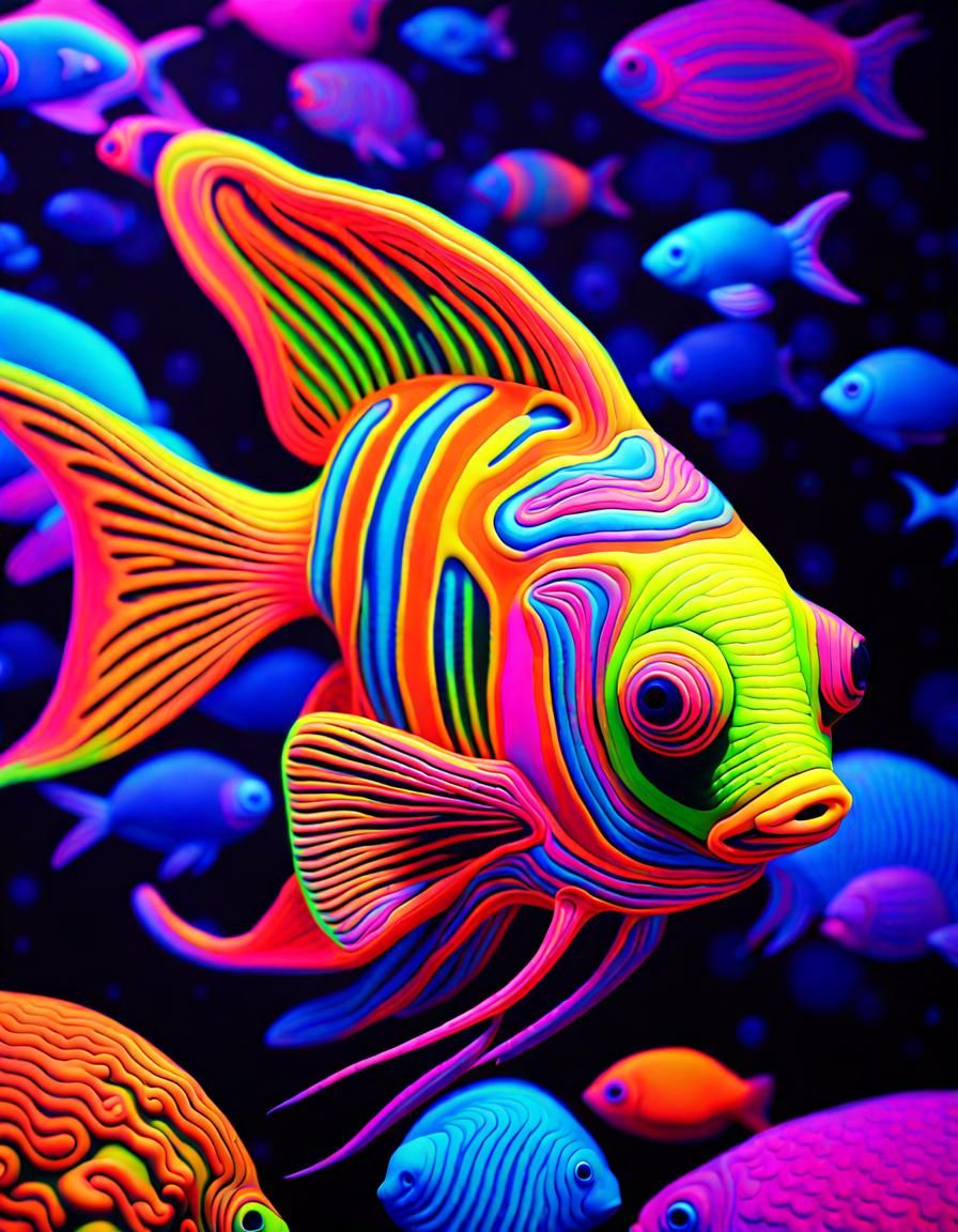 Blacklight art, day-glo, UV reactive paint, DMT entities, tropical fish ...