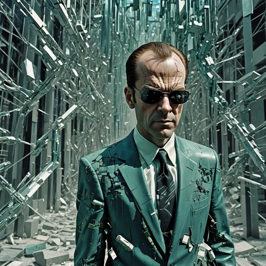 "Glitch in the Matrix", Glitching Agent Smith, Infrared, Clean sharp focus, Unreal engine 5, National Geographic photogr...