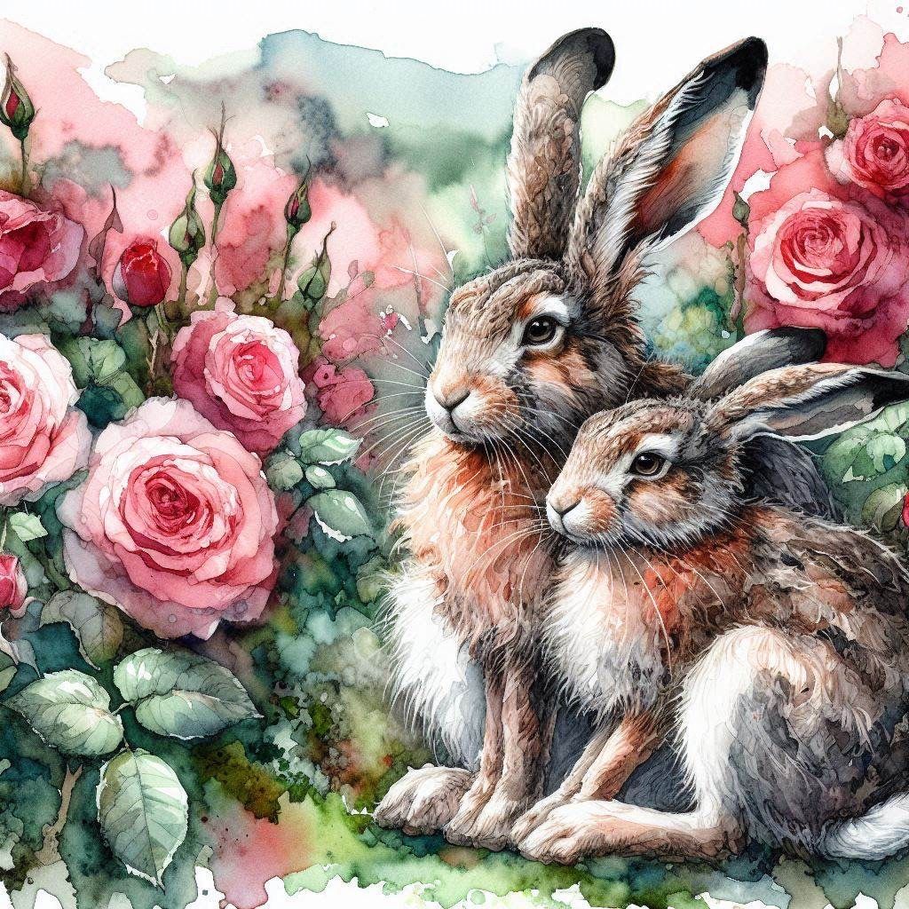 Two Wild Hares in a Watercolor Rose Garden- a series