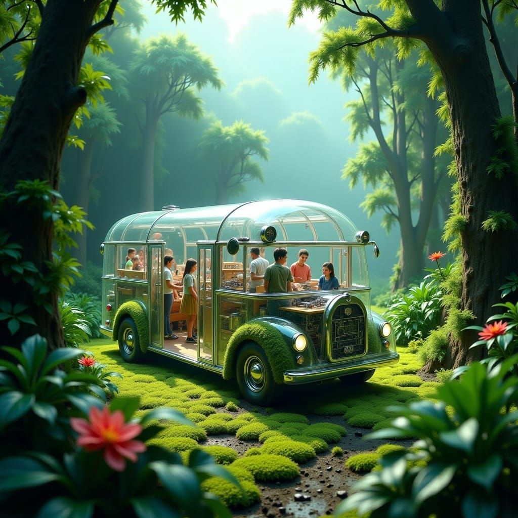 <lora:Transparent:1.0>A transparent, school bus shows all the parts inside, the engine, children, mechanic, teacher, driver, and every detai...