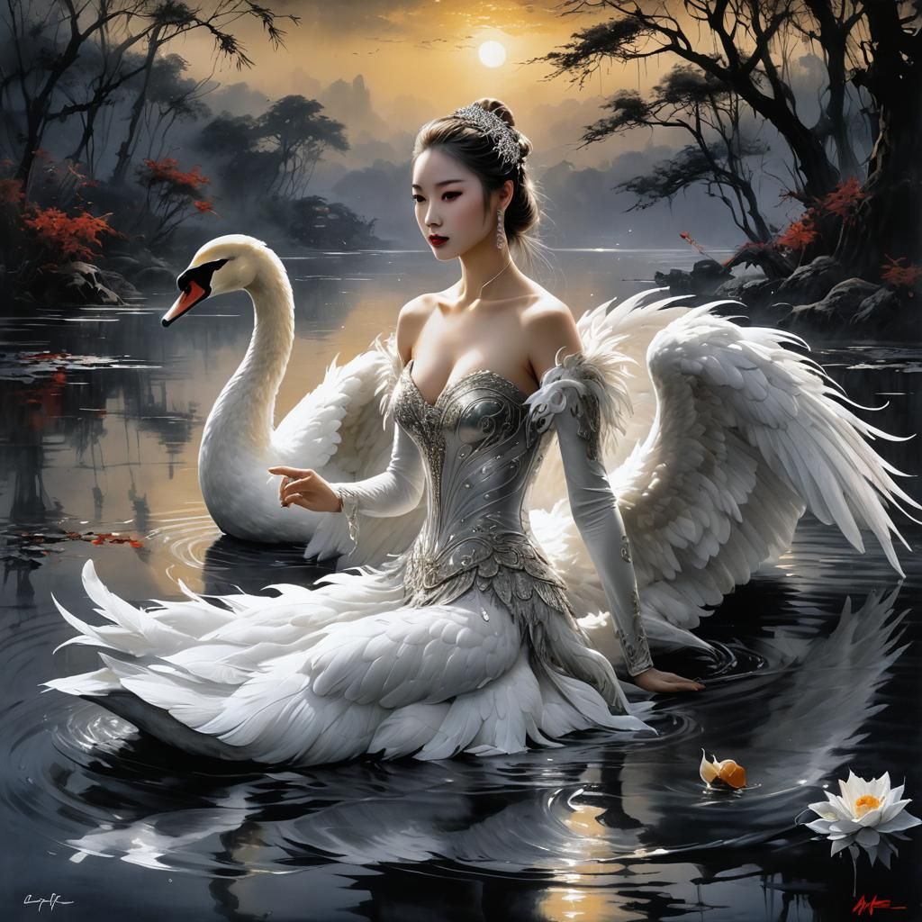 ink art, a magnificent white swan on lake , i