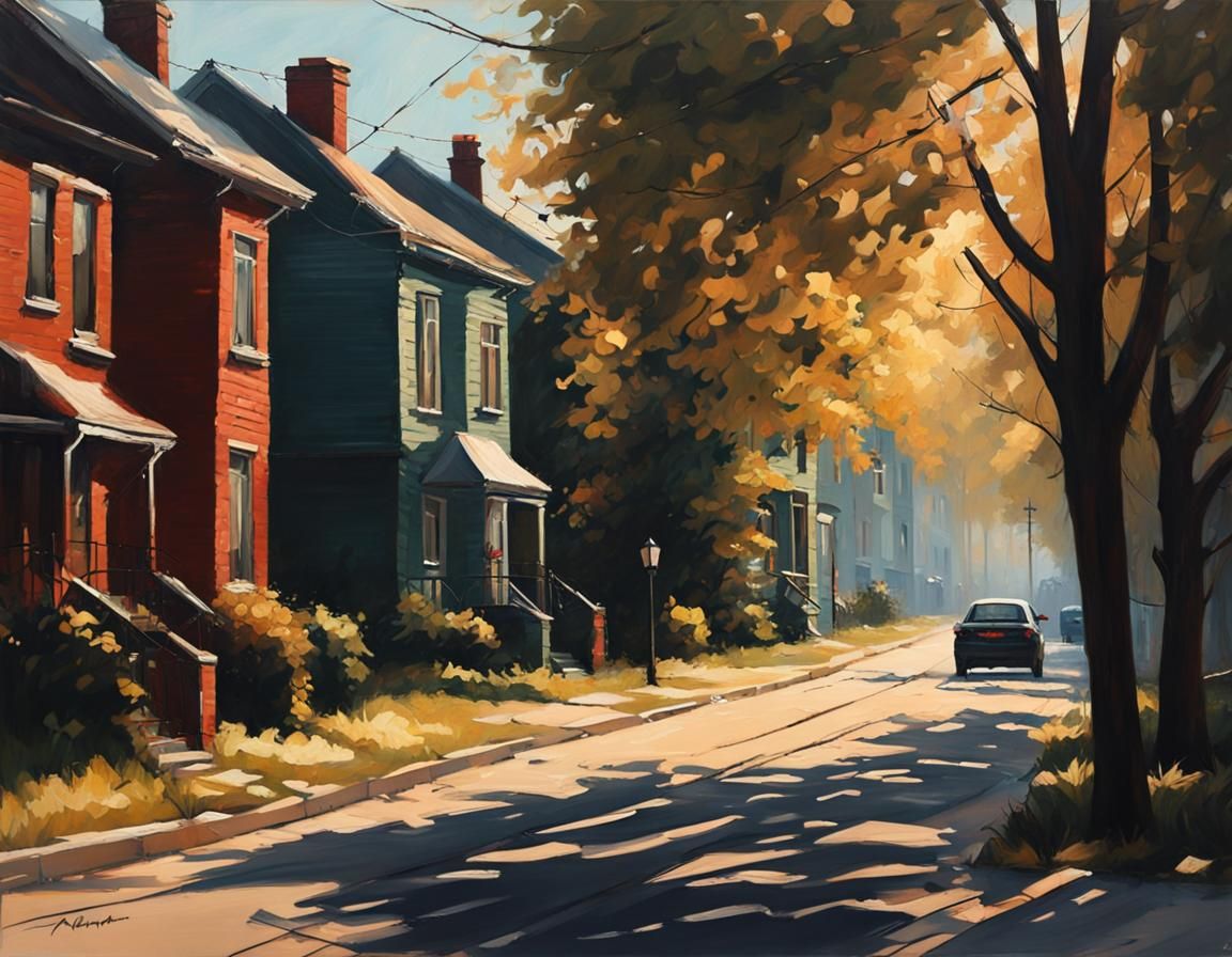 Sunny Neighborhood Oil Painting with Deep Color