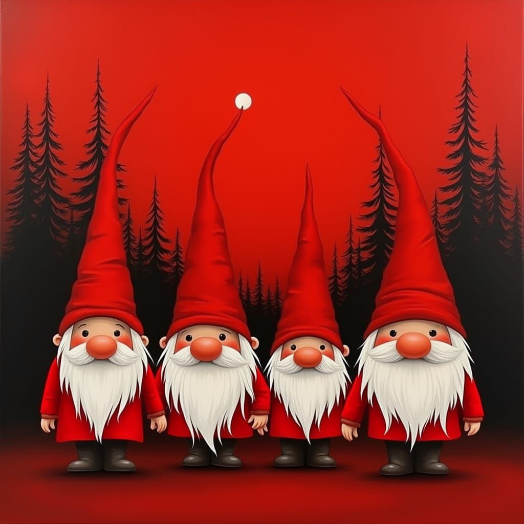 Crimson Xmas Gnomes Marching Through Silhouetted Trees