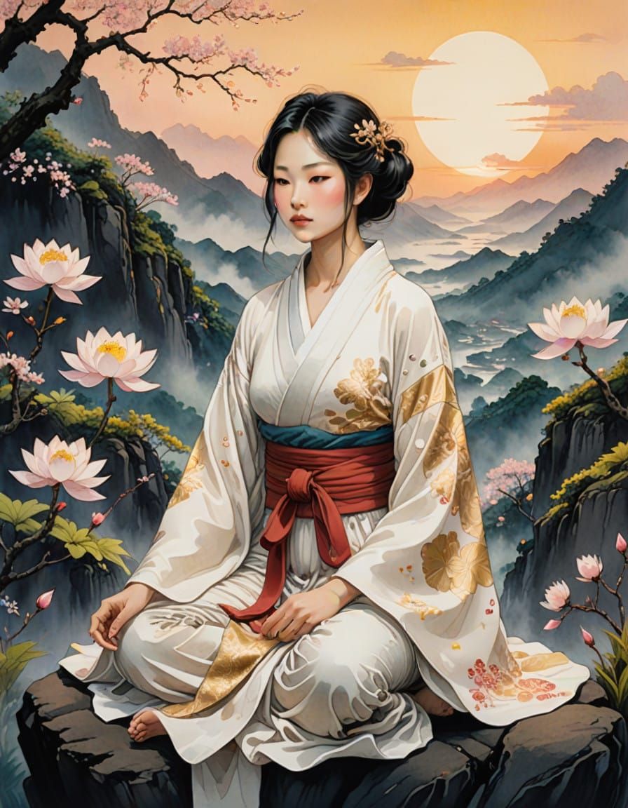 Ethereal Dawn Goddess in a Lotus Pose Amidst Cherry Blossoms
