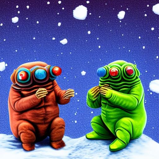 Two Tardigrades smoking a Joint in a psychedelic Winter Wond...