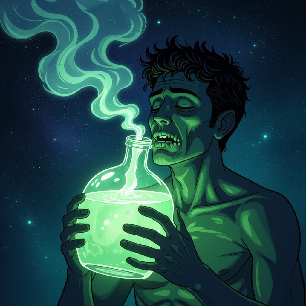 A strange milky green potion that looks like it is smoking from the bottle is drank by an unwitting human and he transforms into a ghoul. 