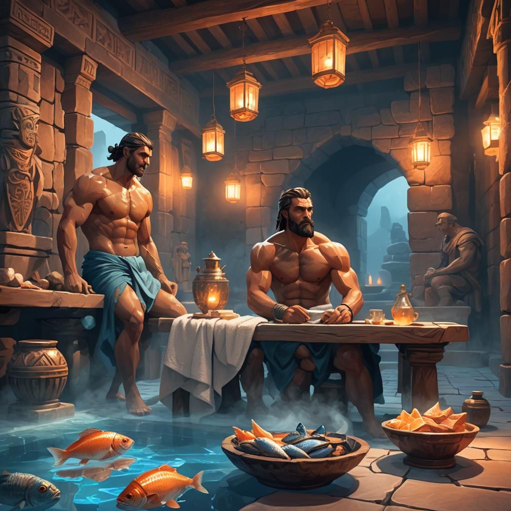 Roman Sauna with Warriors in Low-Poly 3D