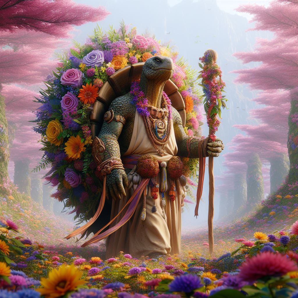 tortoise monk with flowers on shell walking in garden