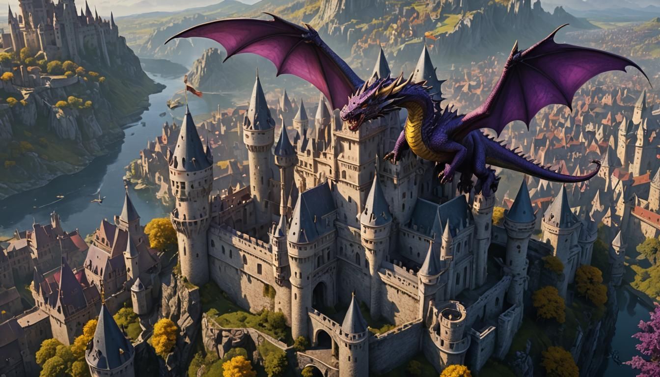 Dragon flying over a castle