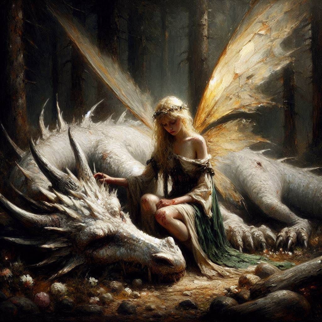 Fairy Comforting a Wounded White Dragon in a Magical Forest