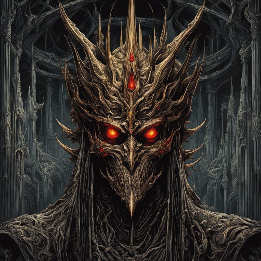 Sauron with golden jeweled crown, red glowing eyes, horror, by Patrick ...