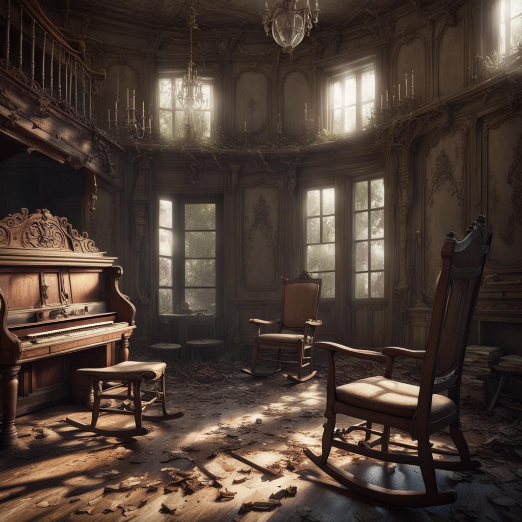 Abandoned baroque style country home. With old broken rockin...