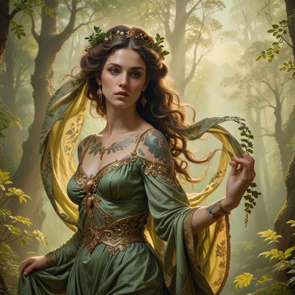 Goddess in Forest: Baroque-Style Oil Painting