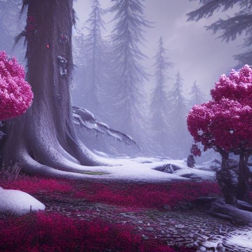 Flowers growing in a snowy forest