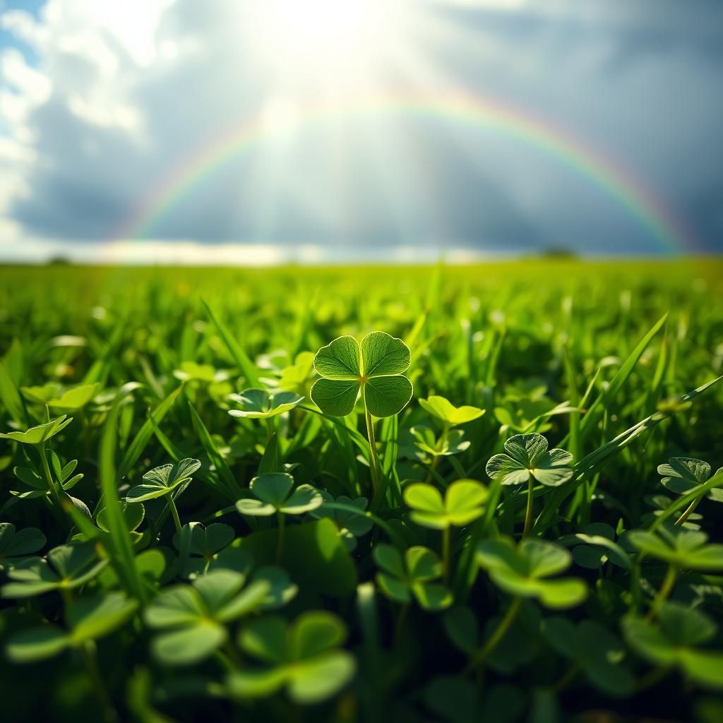 A close-up of a lush green meadow, with a single four-leaf c...