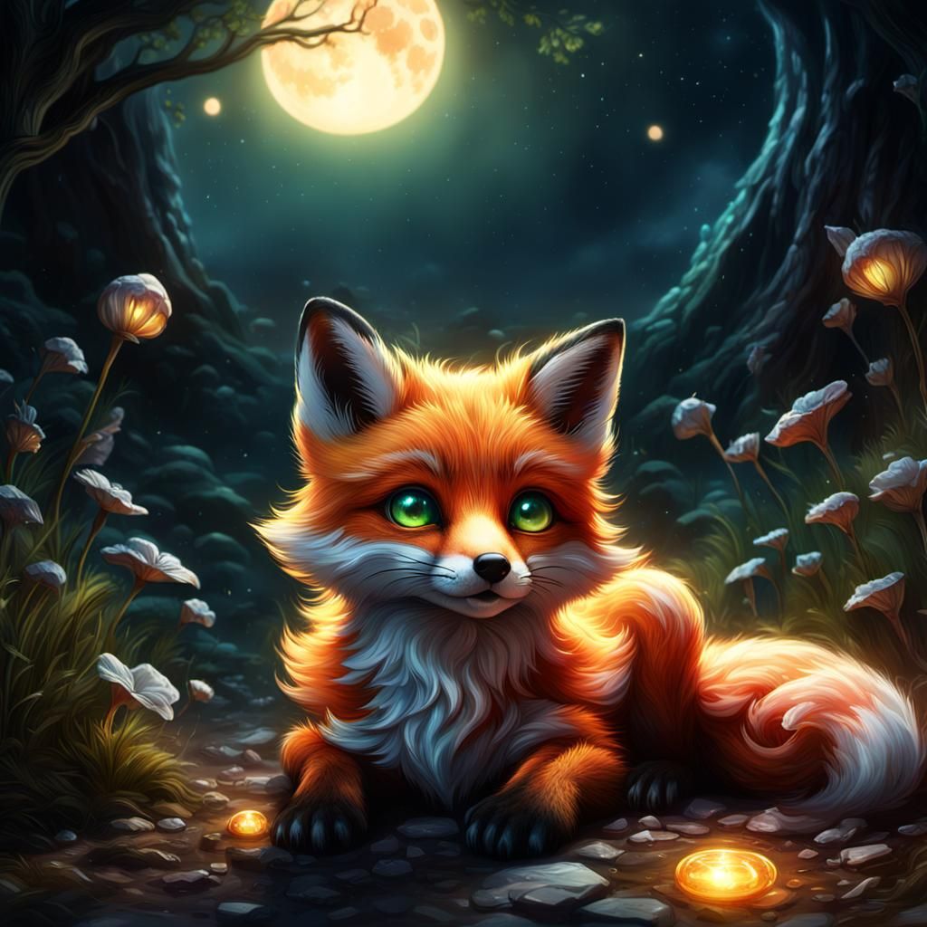 Glowing Newborn Fox in Mystical Fantasy Art