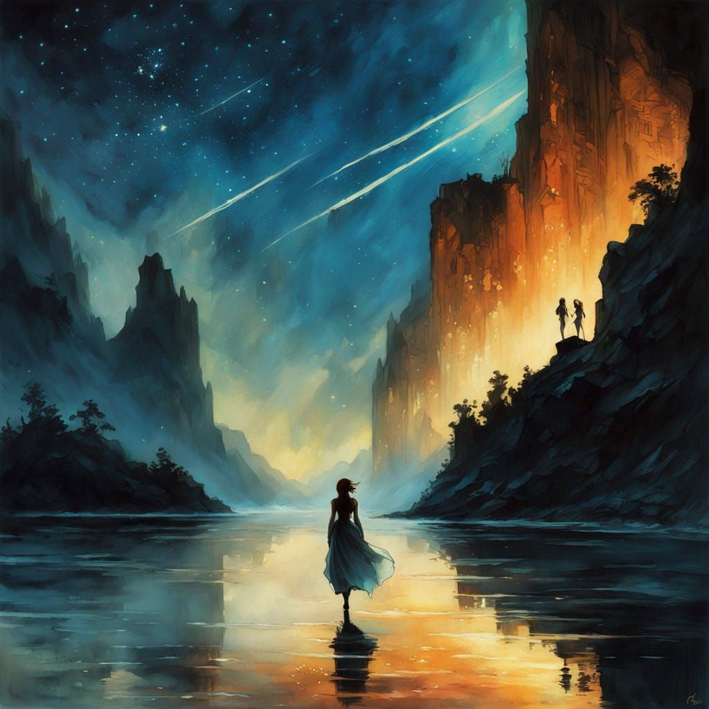 A series of shooting stars traverse a summer night sky.   by @Babel