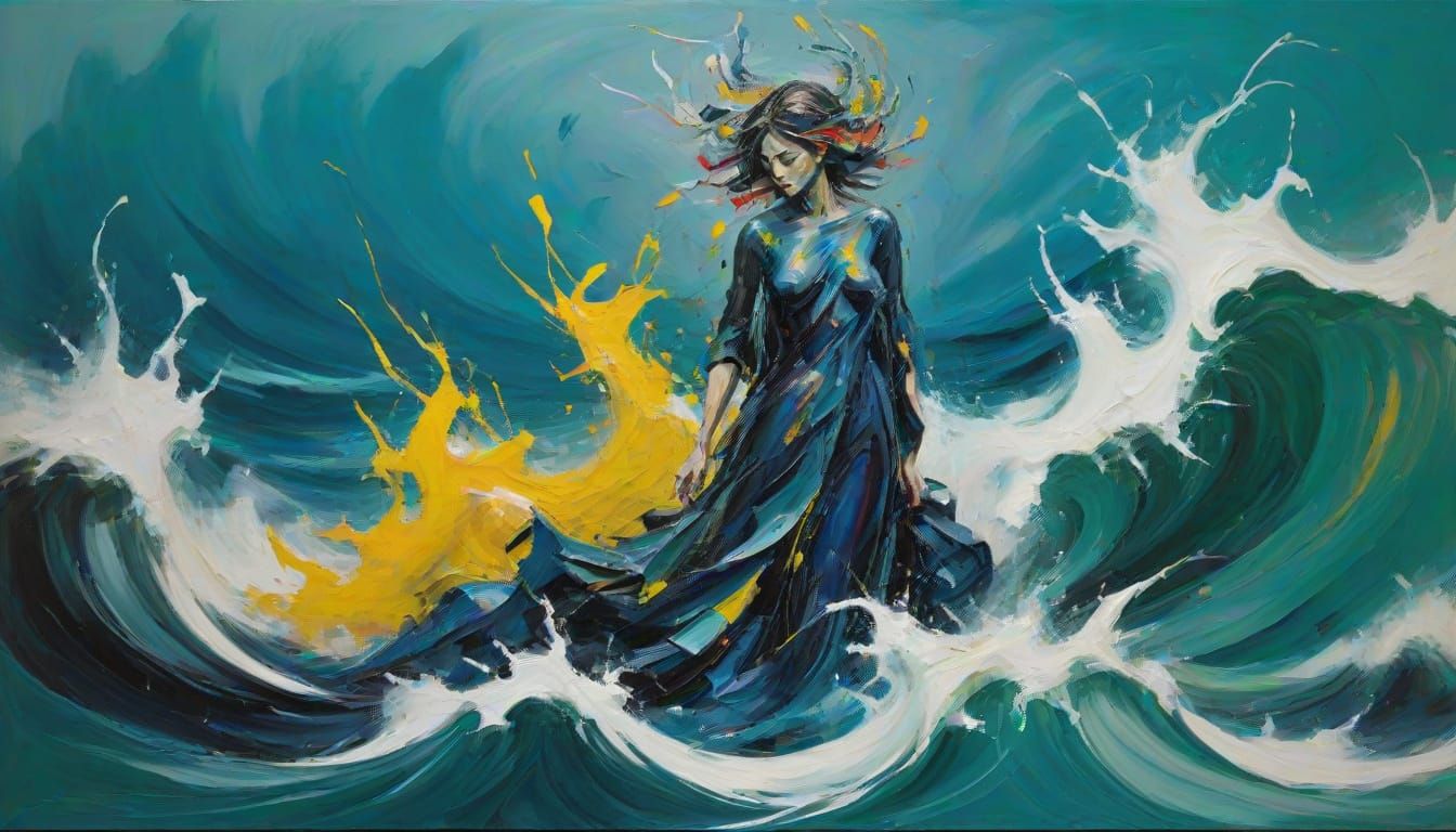 A colossal, abstract sculpture of a weeping goddess emerging from a turbulent ocean under a stormy sky. Waves crash against her form, dissol...