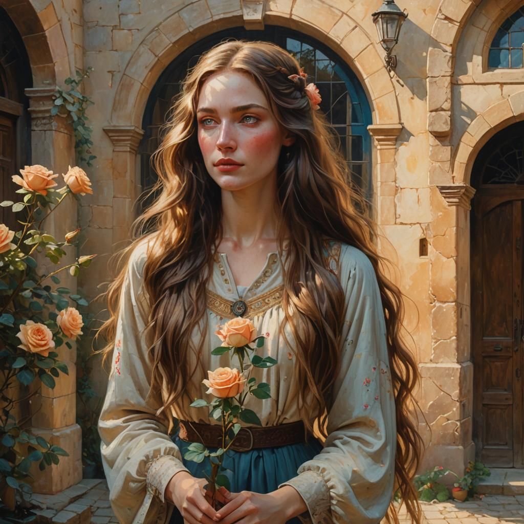 Woman with Rose in Courtyard: Oil on Canvas