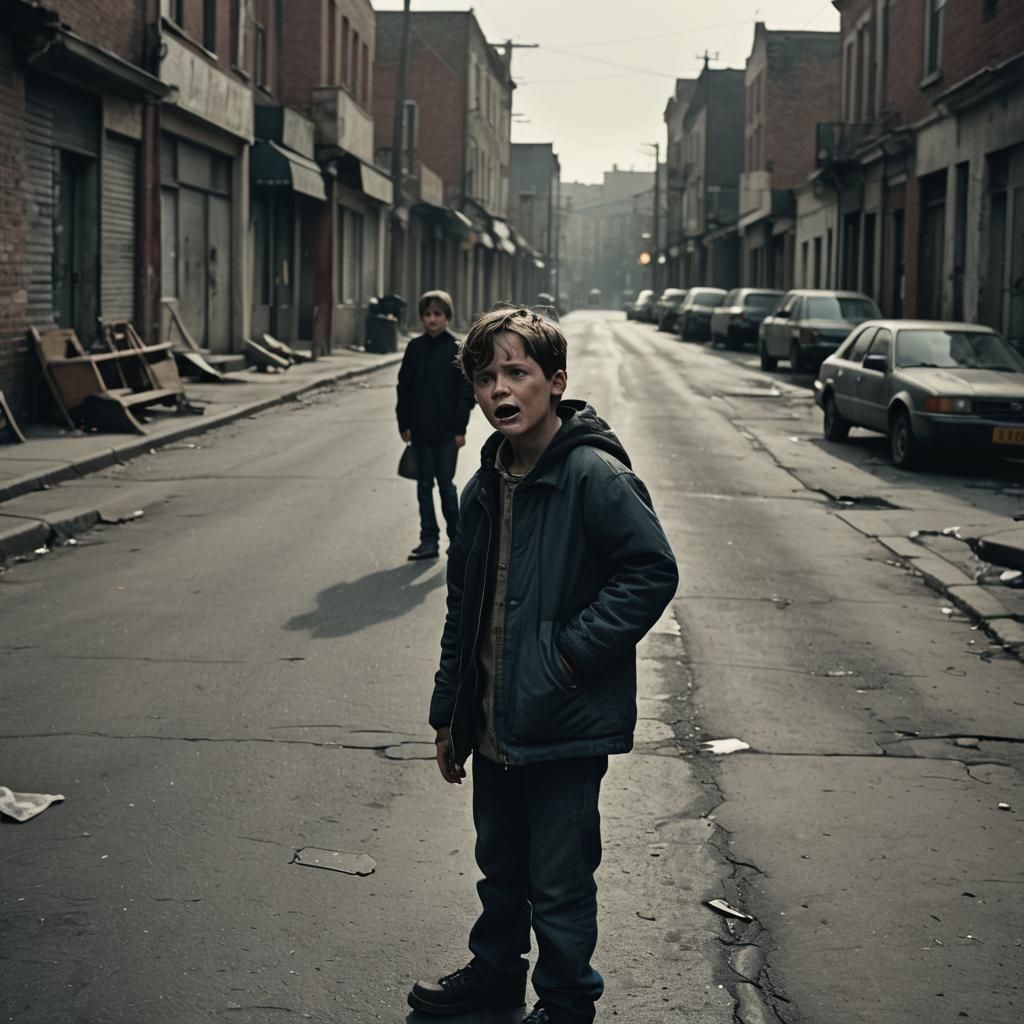 Lonely Boy Crying in Street: Cinematic Film Still