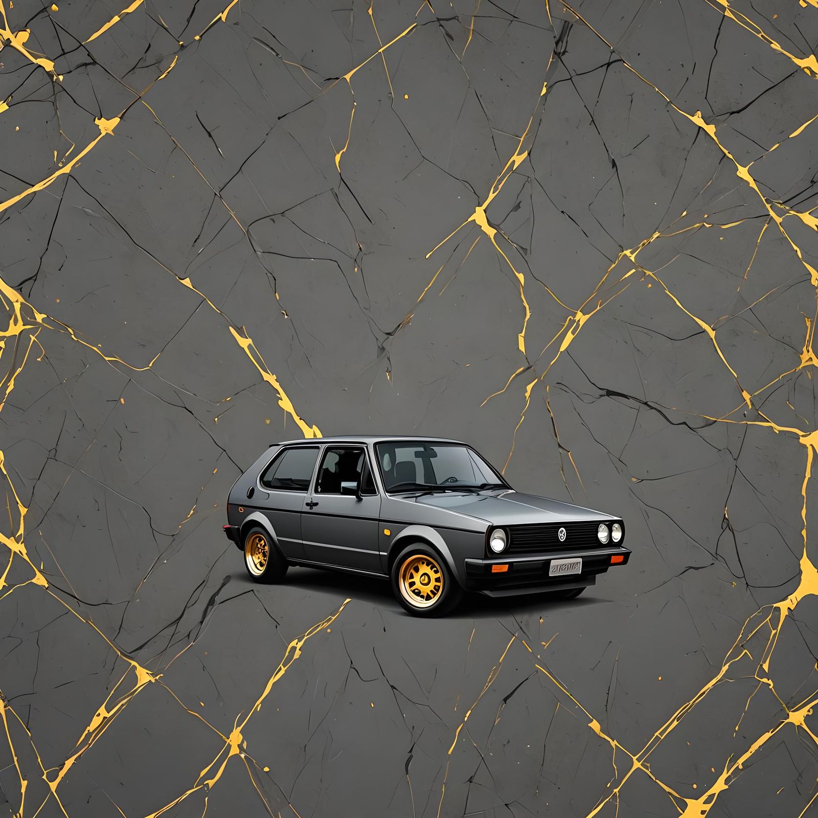 Slate gray colored 1981 VW Rabbit with gold BBS rims - AI Generated ...