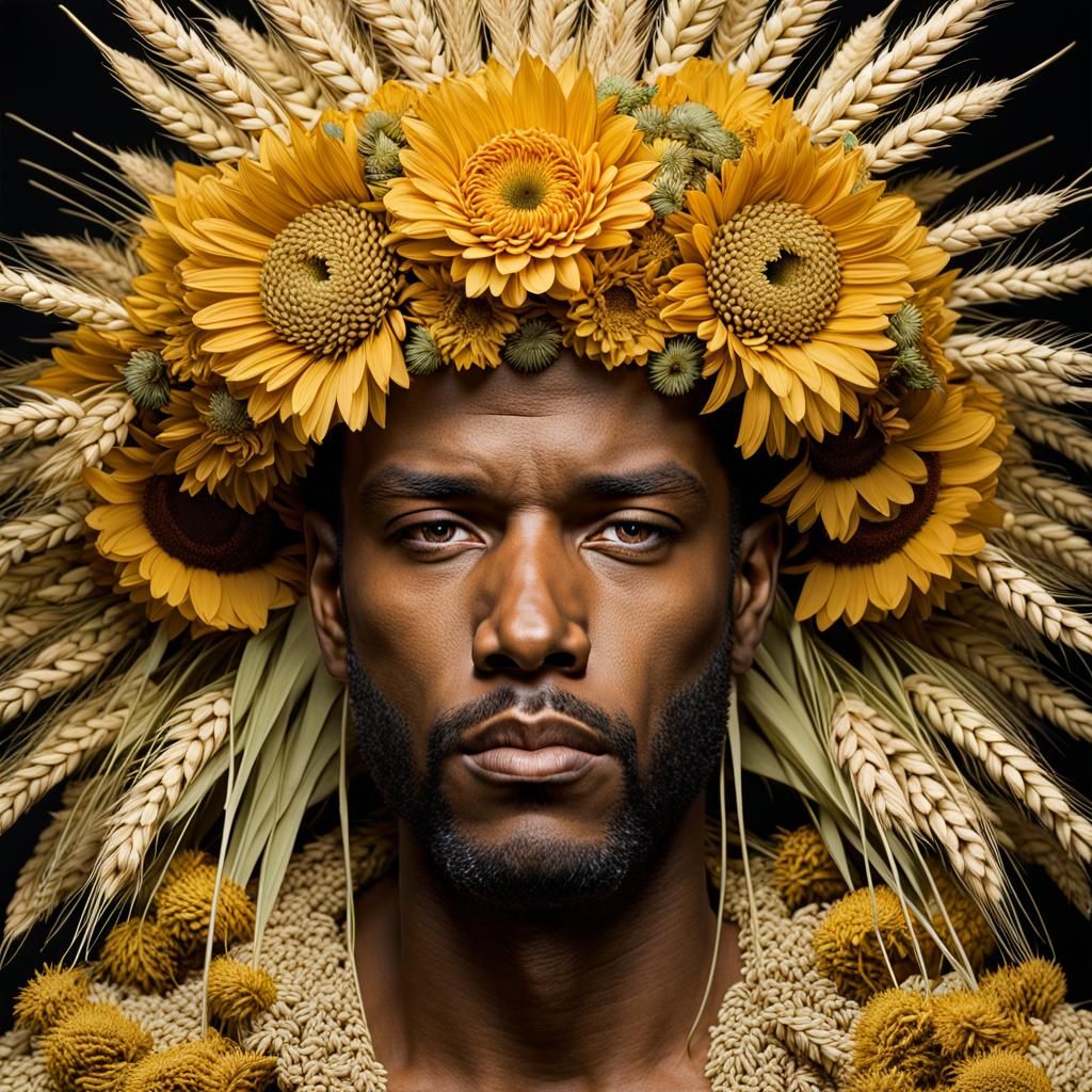 Harvest Male King Wheat flower crown,  alignment, layered paper, solarized Photography, Jennifer Rubell James C. Christe...