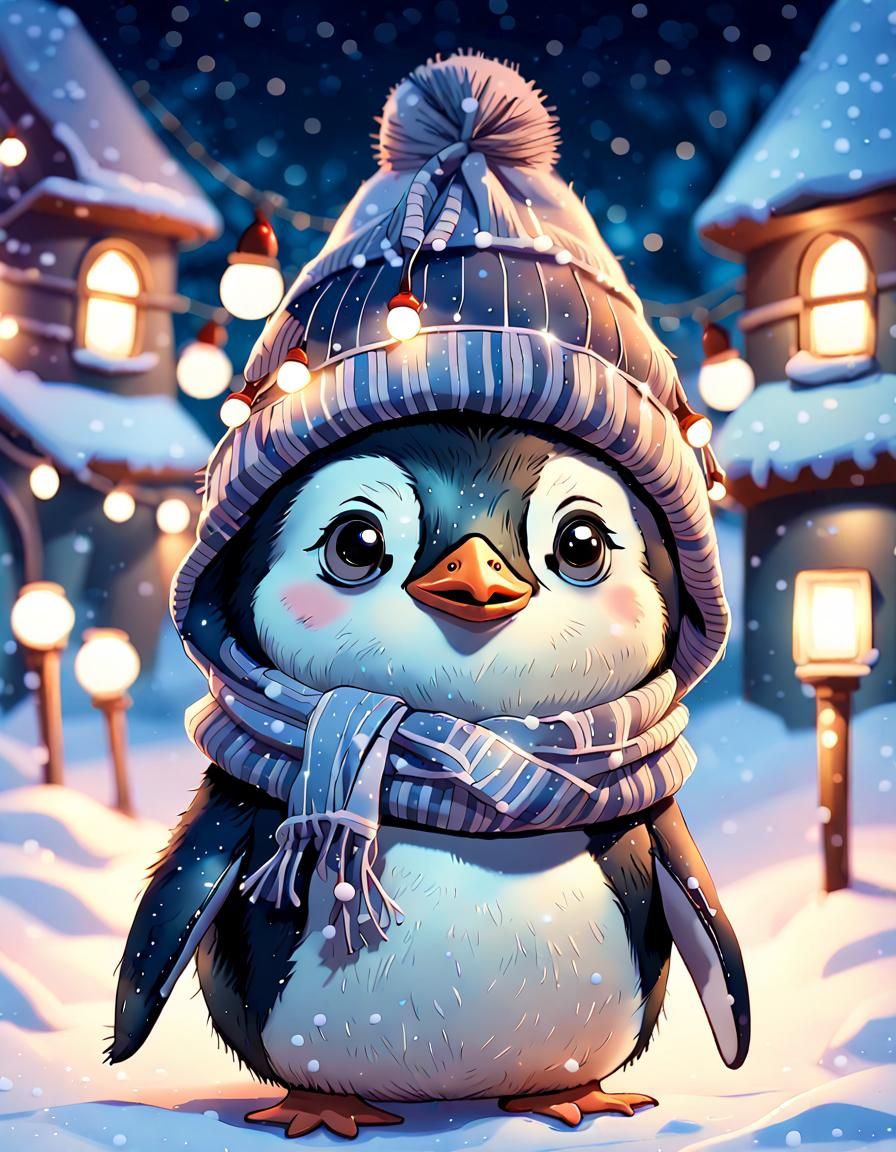 little penguin in a hat and scarf in winter snowy scenery at night ...