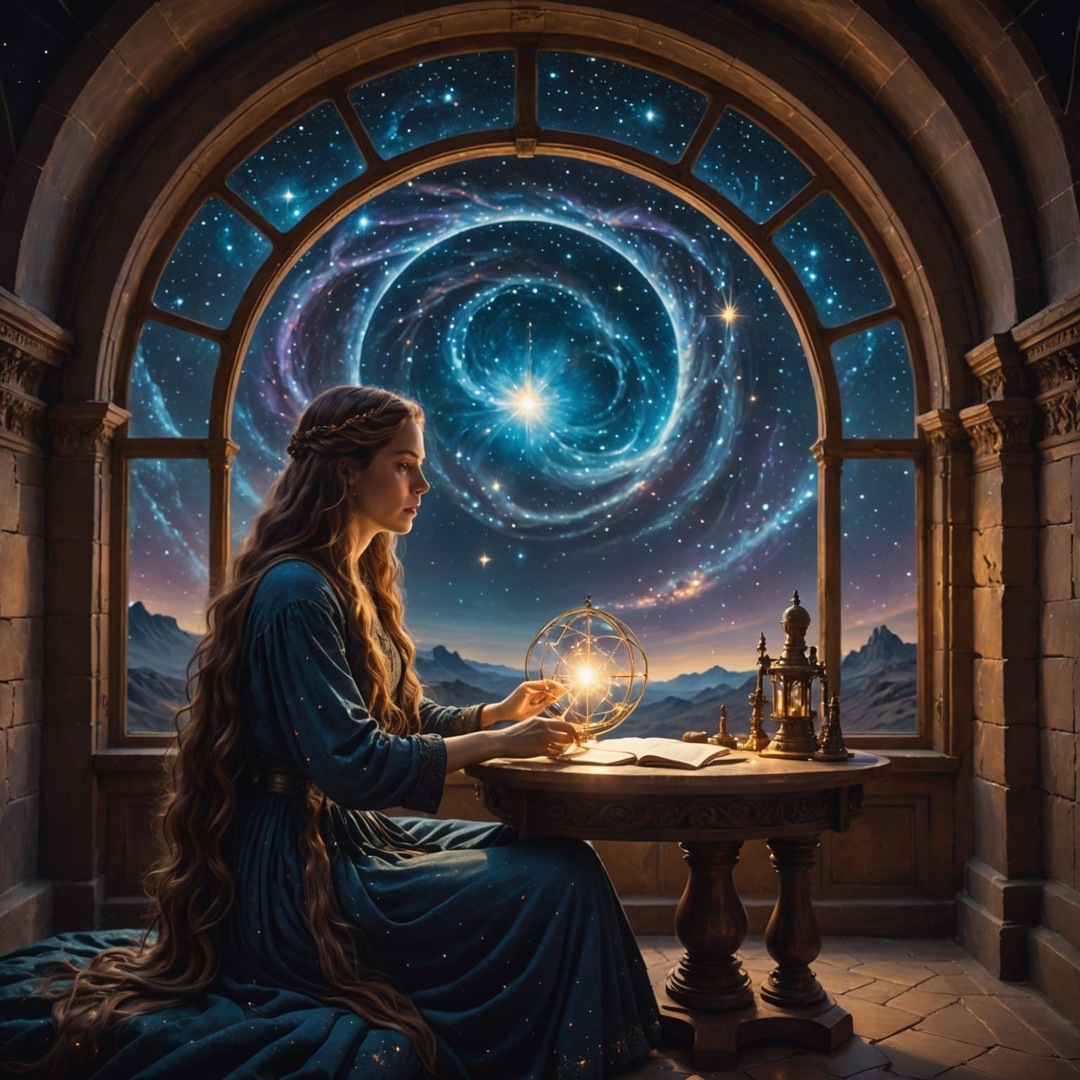 Woman Weaving Starlight in Celestial Observatory