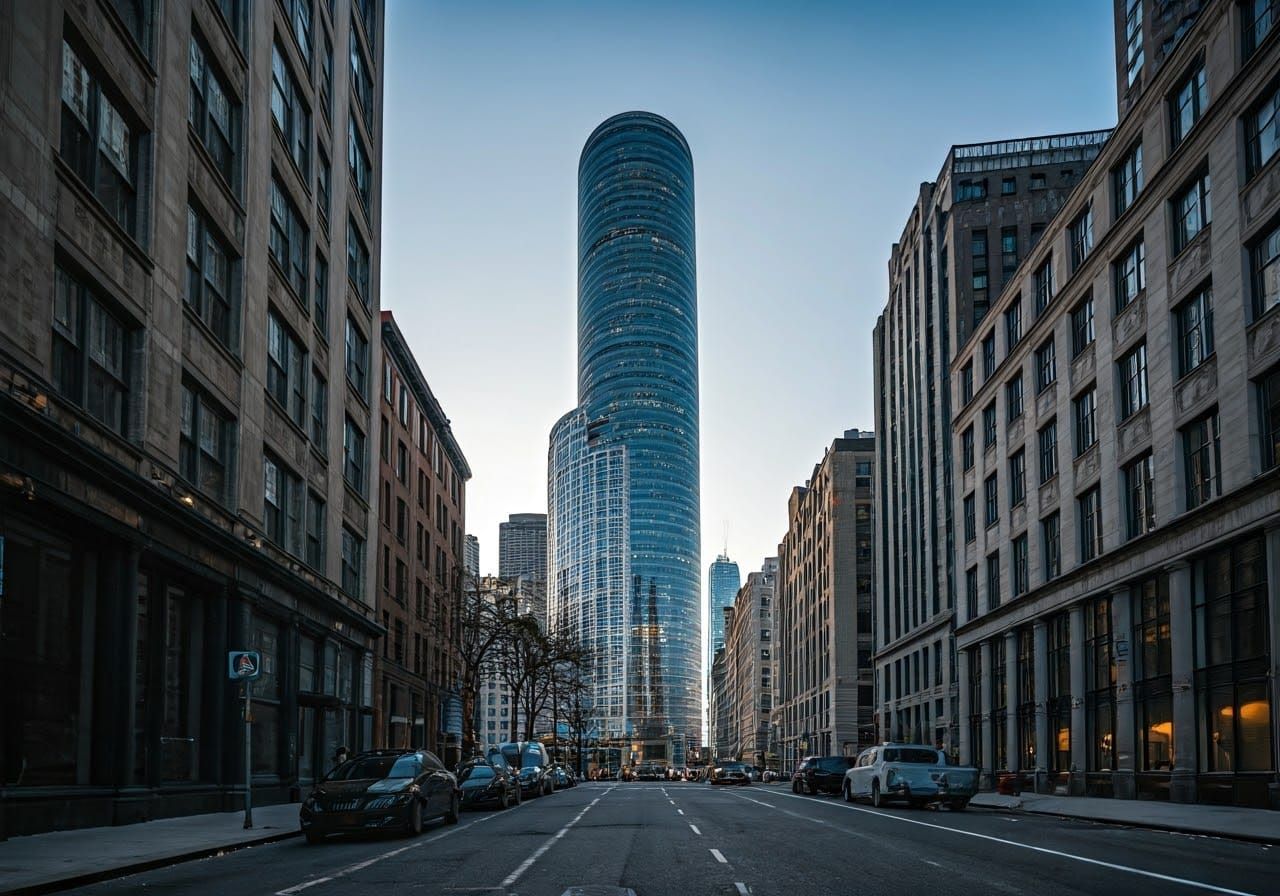 street level first person perspective, looking up at a cylin...