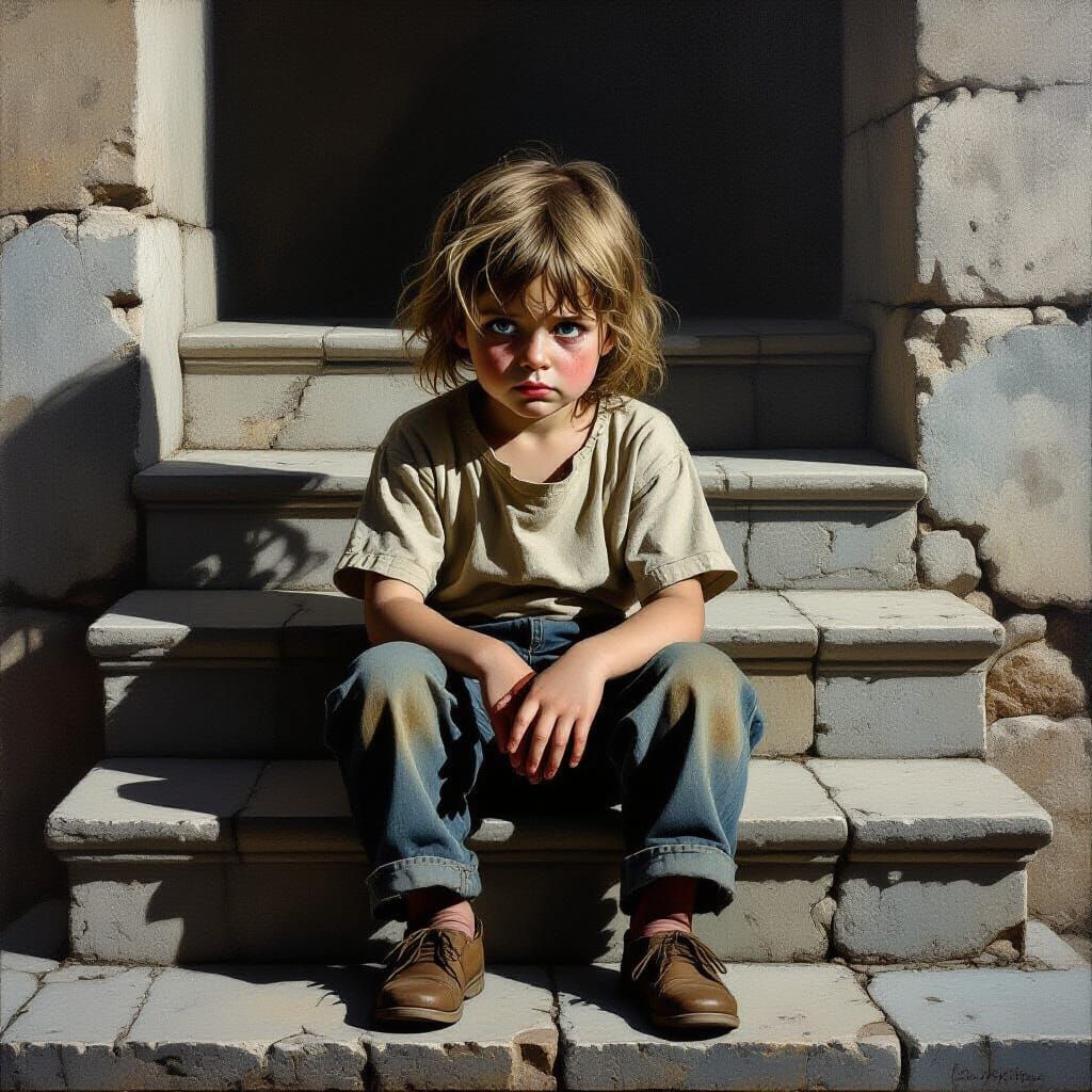 Grim Oil Painting of Child on Steps at Dawn