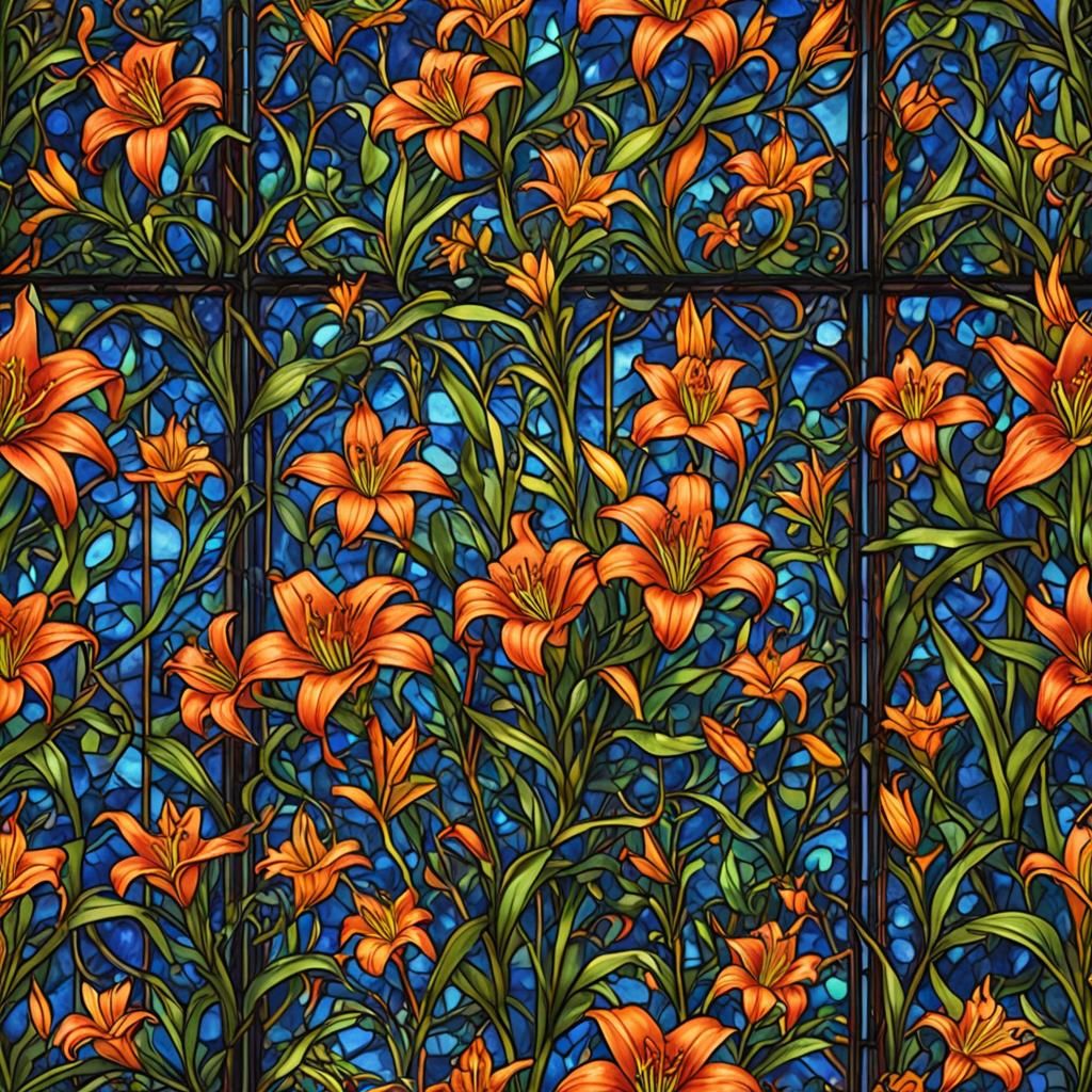 traditional stain glass cathedral, small vibrant day lily or...