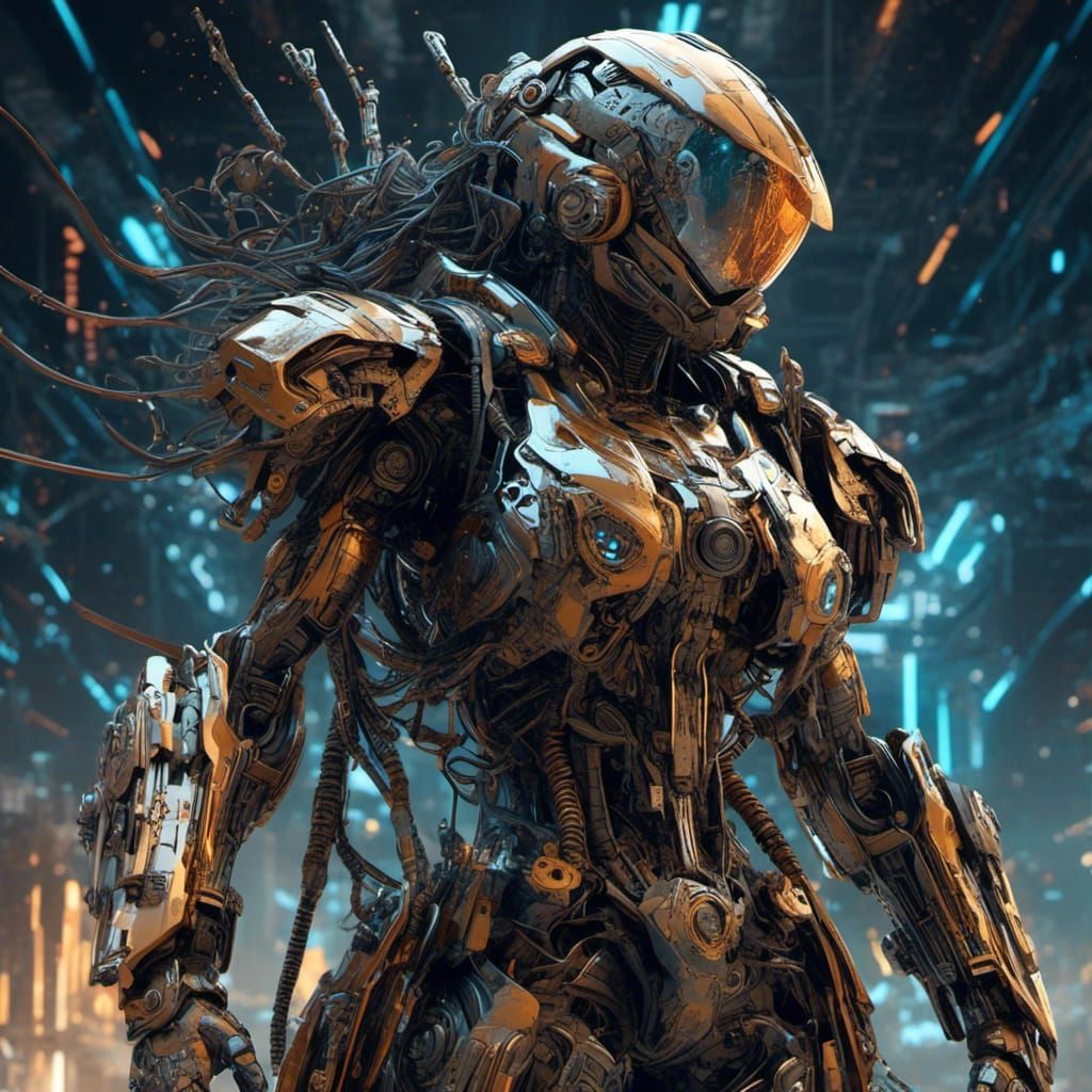 <lora:Gutterball:1.0> Ultrafine full body HD 3D Octane HD Image; cocky badass cyborg space pirate leading the charge against planetary backd...