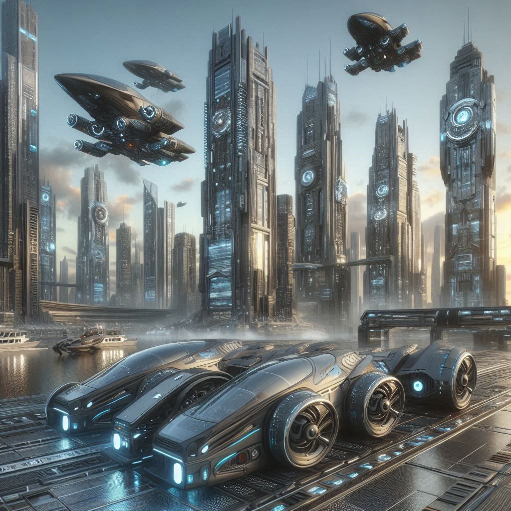 futuristic scene with skyscrapers, hovercrafts and robots, hyperrealistic, intrincated details, HDR, perfect composition...