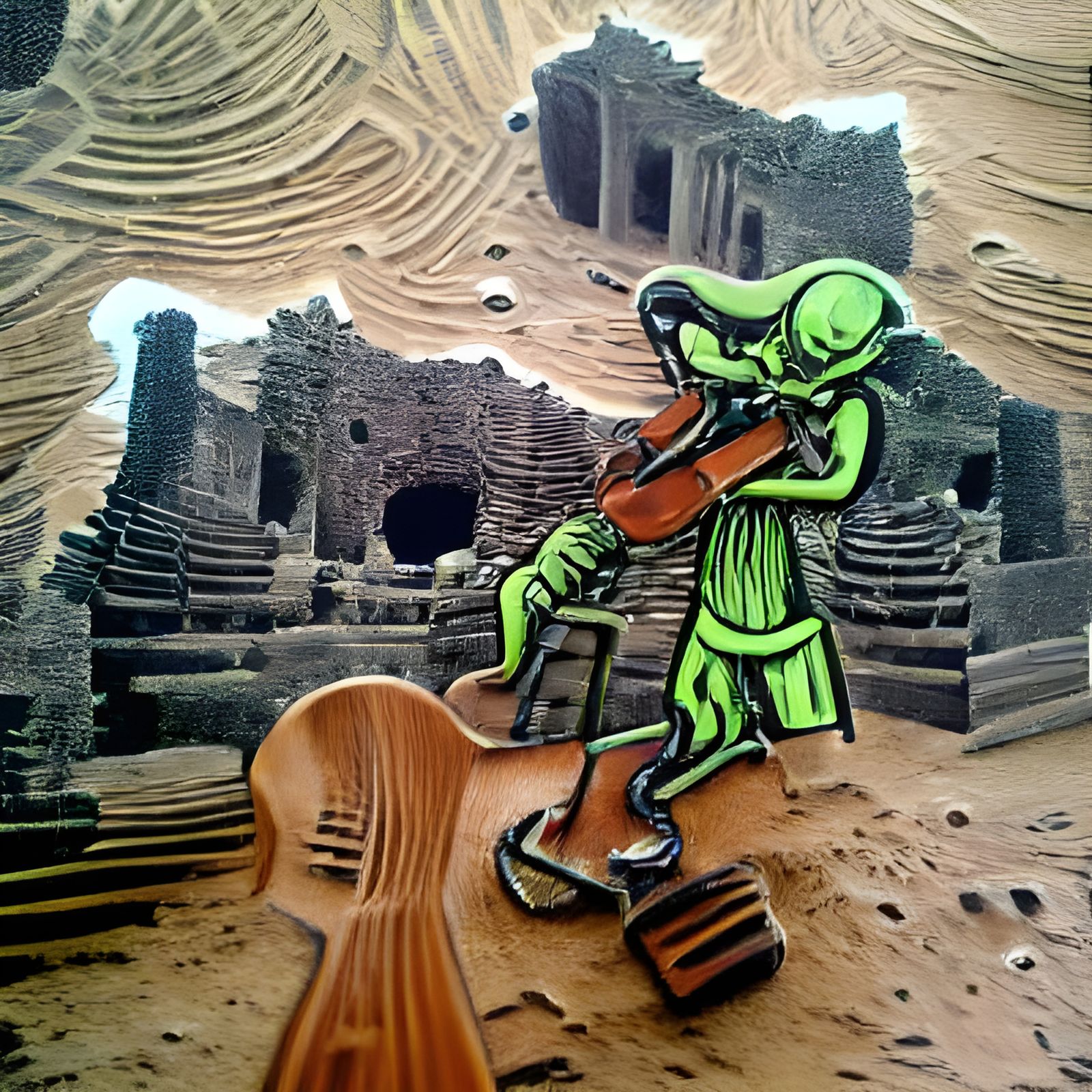 Fiddle player in the ruins of an ancient alien city woodcut ...