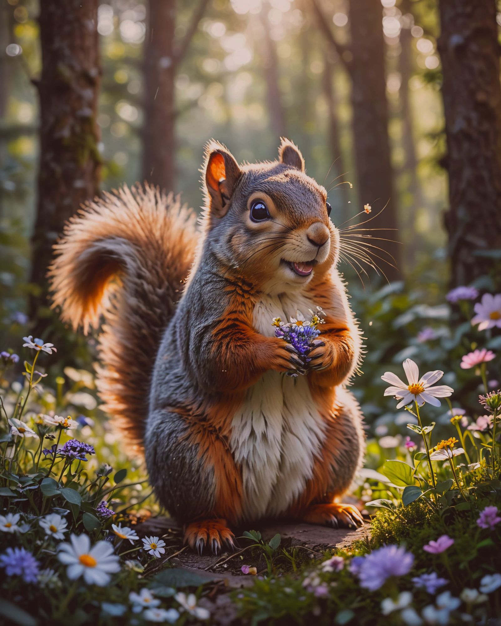Happy Squirrel with Flowers