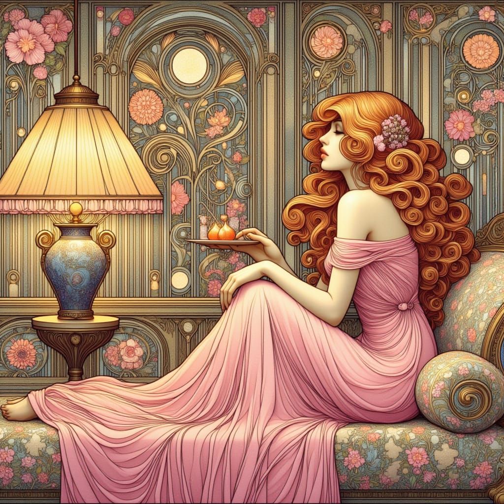 <lora:Art Nouveau:1.0> an image of a beautiful woman in art nouveau style, pink dress, long hair cascading over her shoulders, sitting on th...