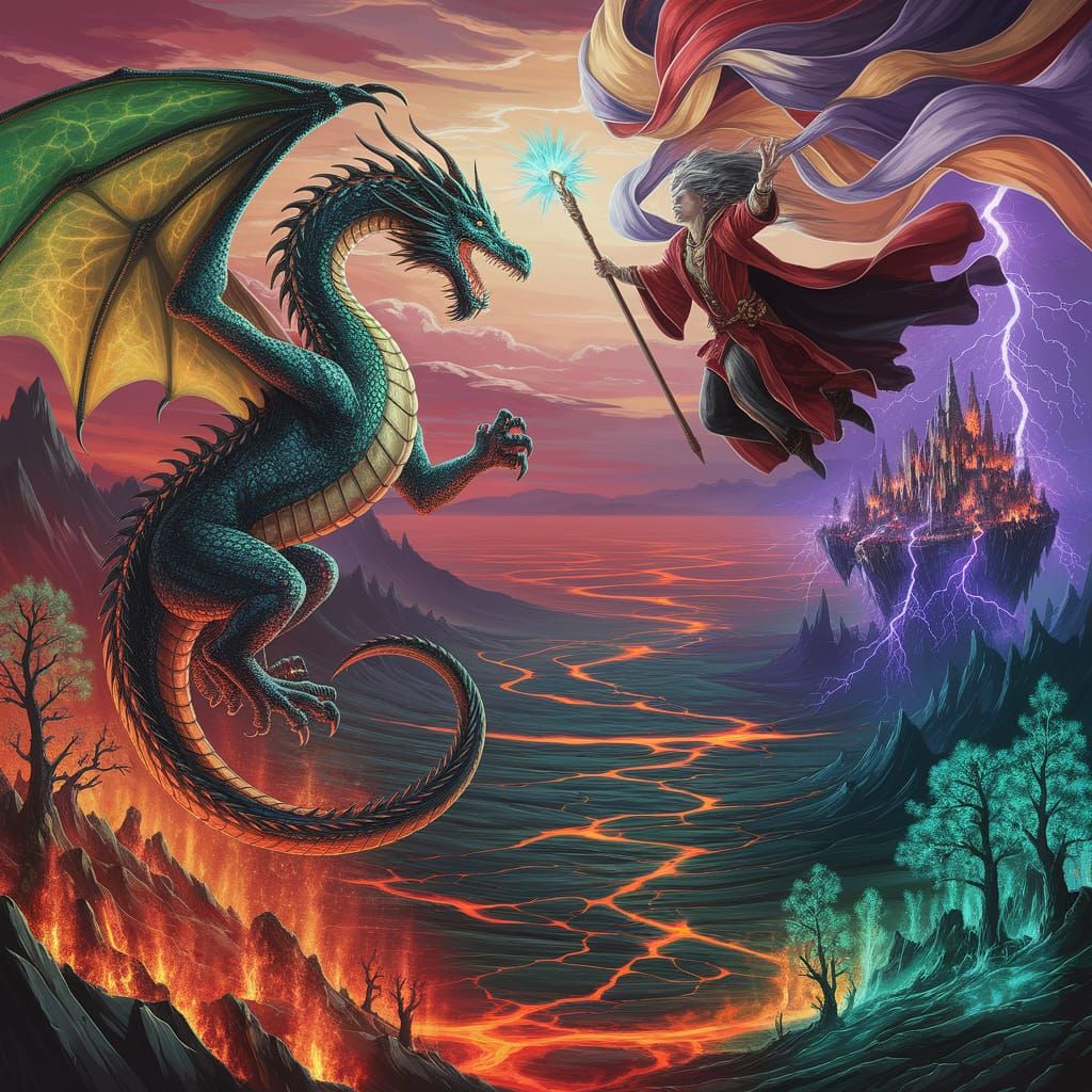 Dragon and Sorcerer Battle in Mystical World